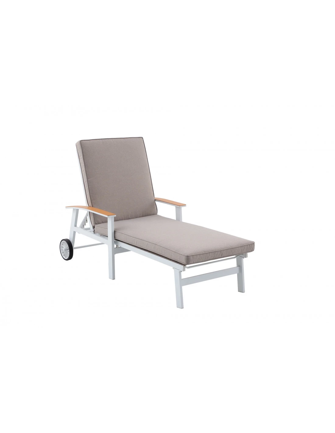 Bain De Soleil Berlin Avec Coussin En Aluminium - Blanc Avec Accoudoirs En Teck Et Coussin Taupe Chiné 1 Bain De Soleil Berlin Avec Coussin En Aluminium - Blanc Avec Accoudoirs En Teck Et Coussin Taupe Chiné