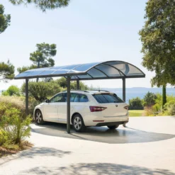 Carport Belize Noir - 2,94 X 5 X 2,23/2,50 - Aluminium, Acier Et Polycarbonate
