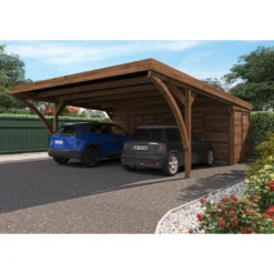 Carport Double LEON Traité Autoclave Teinté Marron De 28.4 M² Avec Annexe