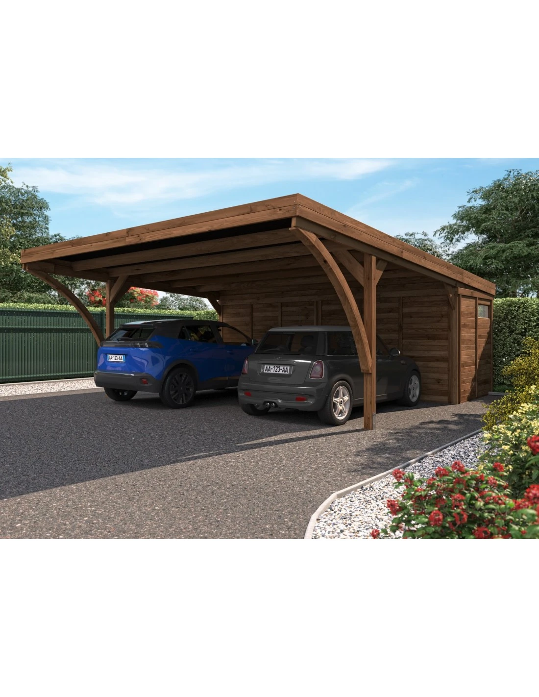 Carport Double LEON Traité Autoclave Teinté Marron De 28.4 M² Avec Annexe 1 Carport Double LEON Traité Autoclave Teinté Marron De 28.4 M² Avec Annexe