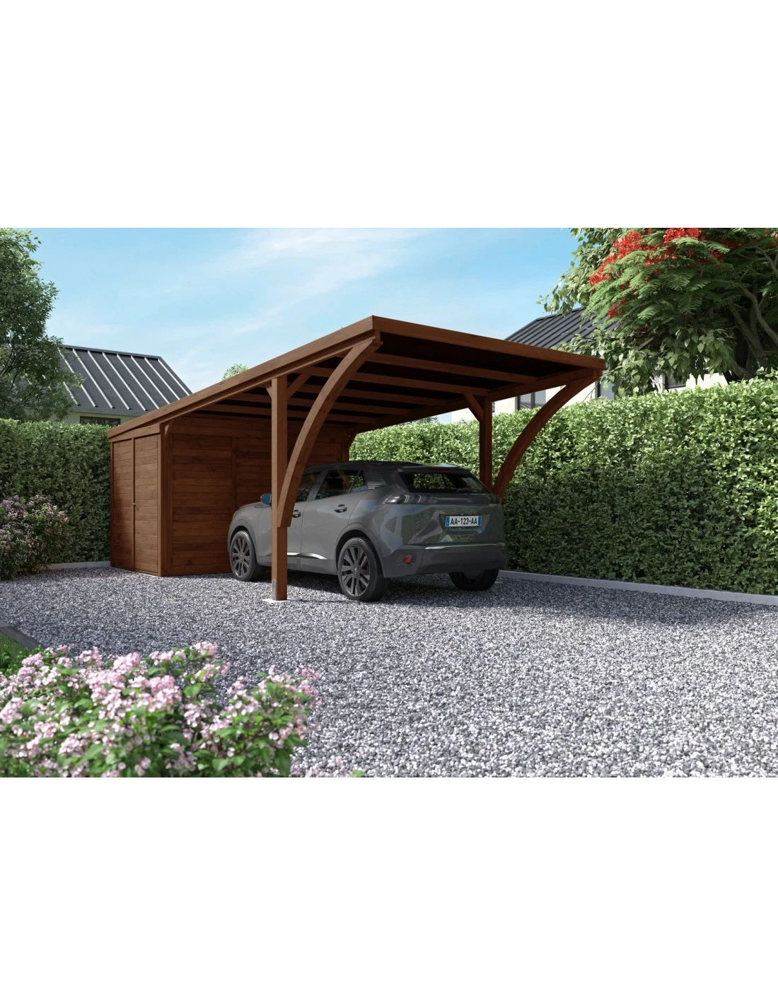 Carport LEON Traité Autoclave Teinté Marron De 16+7 M² 1 Carport LEON Traité Autoclave Teinté Marron De 16+7 M²