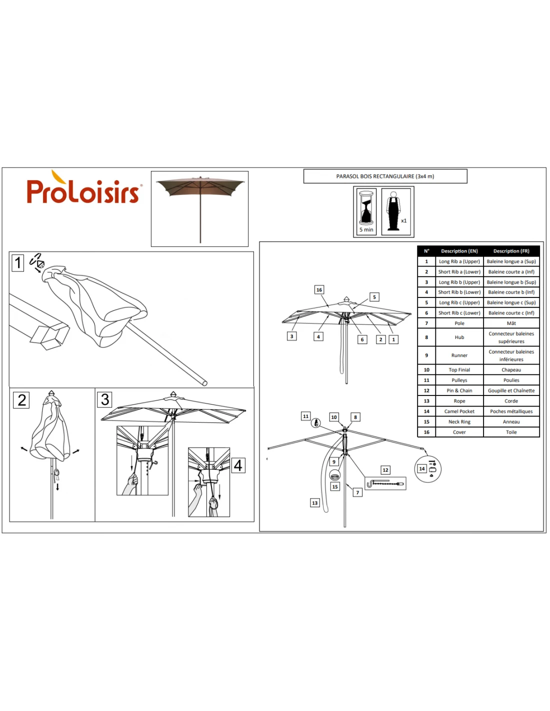 Parasol Droit Bois 3x4m Ouverture à Poulie - 3 Coloris - Ecru 3 Parasol Droit Bois 3x4m Ouverture à Poulie - 3 Coloris - Ecru – Image 3