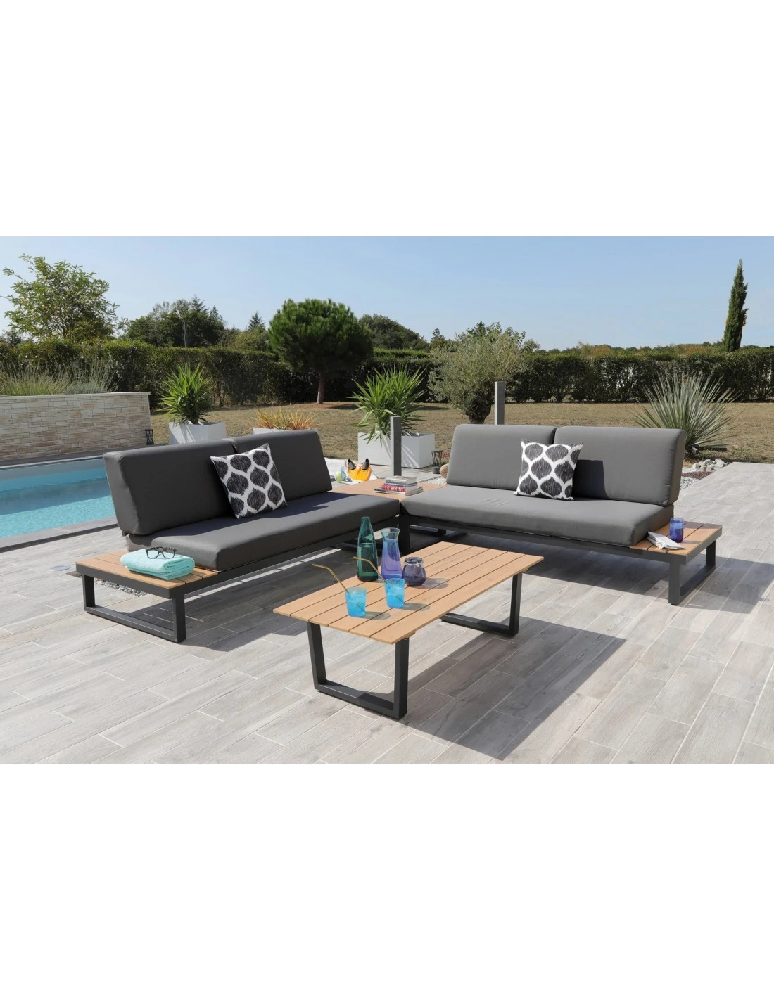 Salon D'angle Staten Avec Tablettes - Graphite / Oak 1 Salon D'angle Staten Avec Tablettes - Graphite / Oak