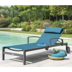 Transat De Jardin Ocala 4 Positions Aluminium Et Texaline - Graphite / Bleu Canard