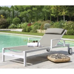 Transat De Jardin Ocala 4 Positions Aluminium Et Texaline - Blanc Et Noisette